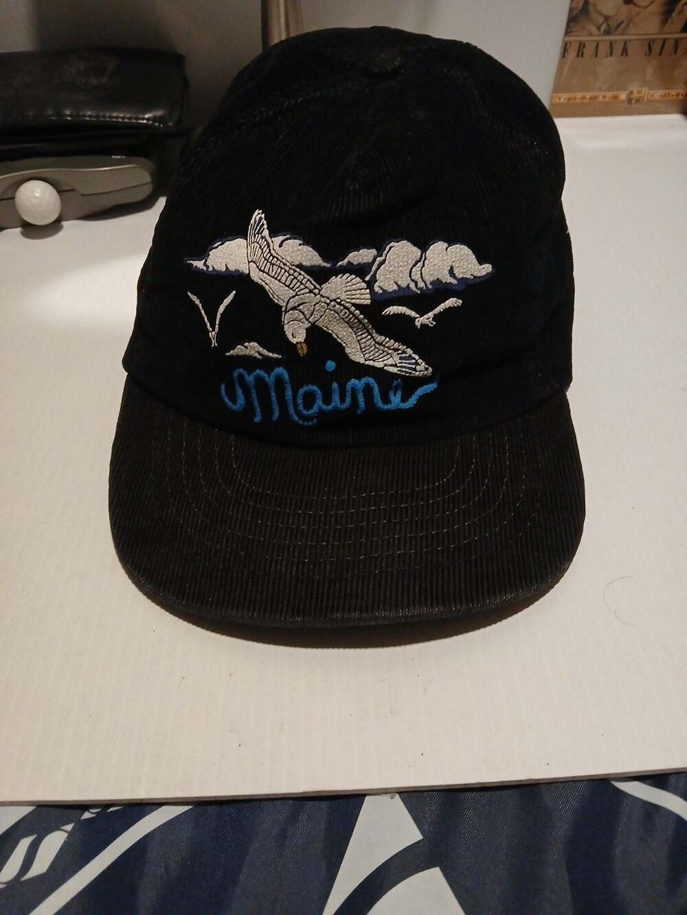 Vintage Maine Eagle Bird Corduroy Snapback Hat Black Embroidered